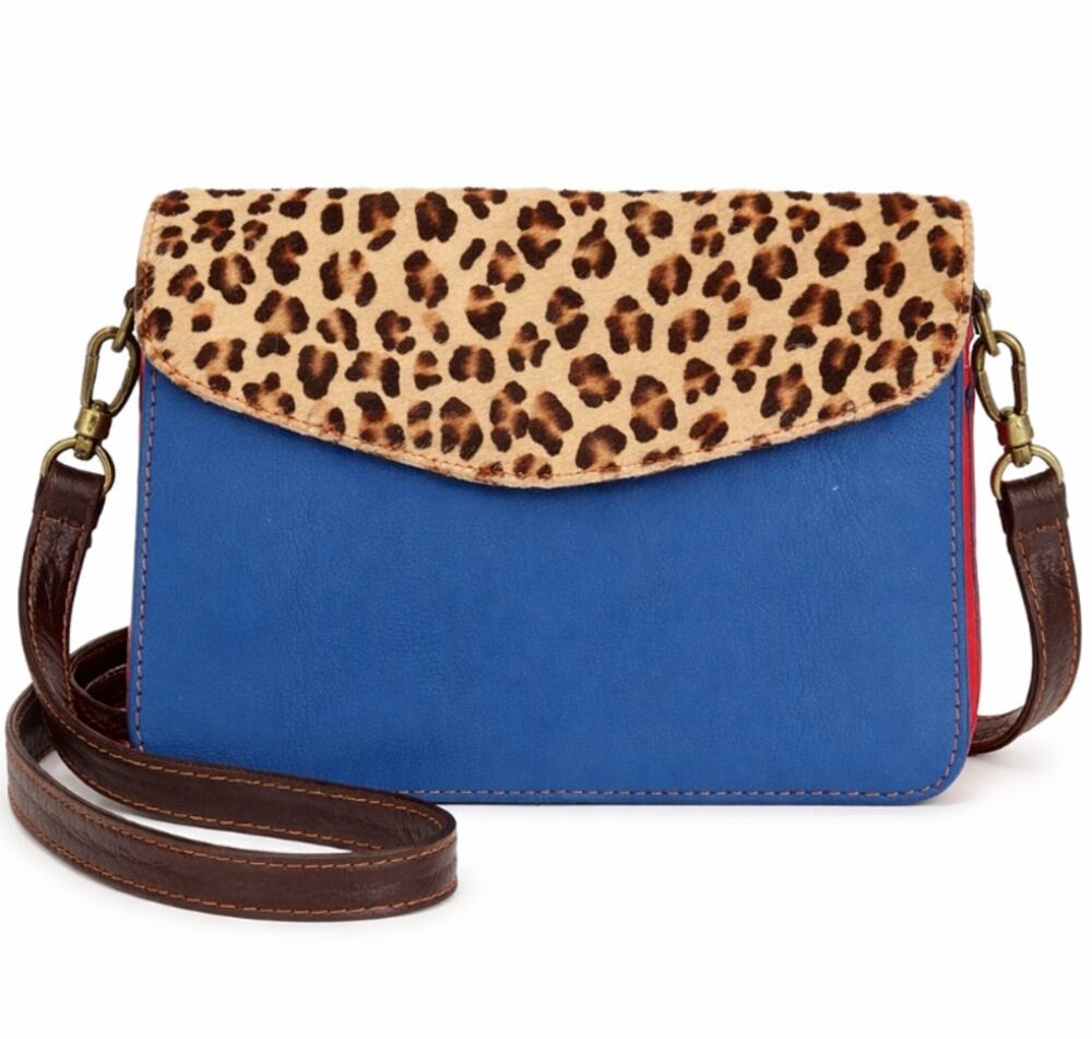 Leather Leopard Print Colorblock Crossbody Bag Genuine Leather red blue
